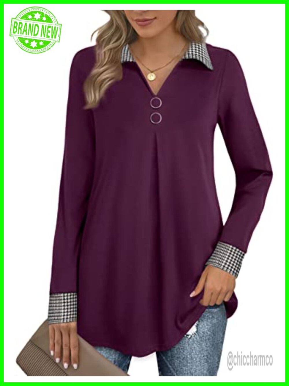 Women's Long Sleeve V-Neck Tunic Blouse with Buttons